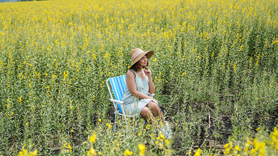 Summer portrait of a beautiful lovely women wearing dress and straw hat in Crotalaria spectabilis field. she sits and enjoys the scent. aromatherapy and happy summer in countryside concept