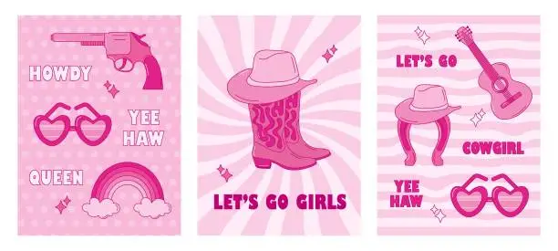 Vector illustration of Retro pink cowgirl posters set. Set of wild west posters with illustration in pink color. Trendy retro posters with hat, revolver, glasses, horseshoe, boots