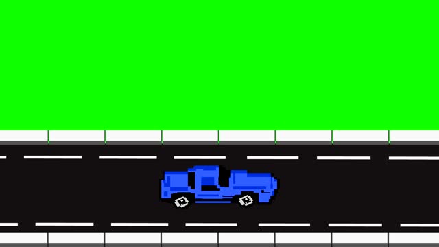 Animated video of an old blue car game in 16-bit style with a green background, pixel art.