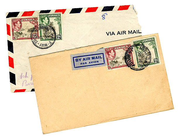 Two George VI envelopes from Jamaica Two old envelopes posted in Jamaica and bearing postage stamps which carry the portrait of George VI. One envelope is from Highgate, the other from Half Way Tree, in Kingston. (Dates unclear but probably late 1940s or early 1950s.) george vi stock pictures, royalty-free photos & images