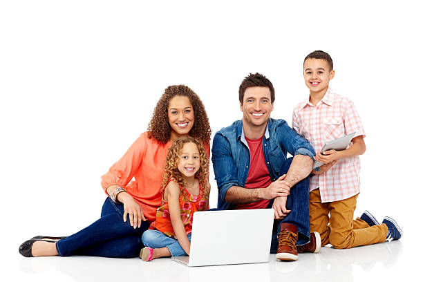 istock Smiling family portrait with laptop and tablet computer 172419191
