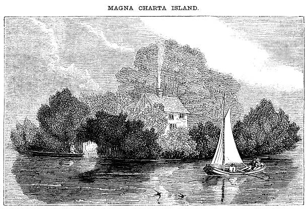ilustraciones, imágenes clip art, dibujos animados e iconos de stock de carta magna de la isla, runnymede (victorian grabado en madera) - magna carta island
