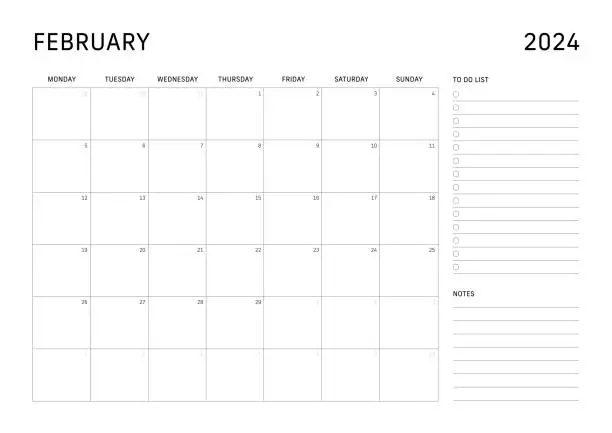 Vector illustration of Monday start monthly calendar for February 2024 with to do list and notes