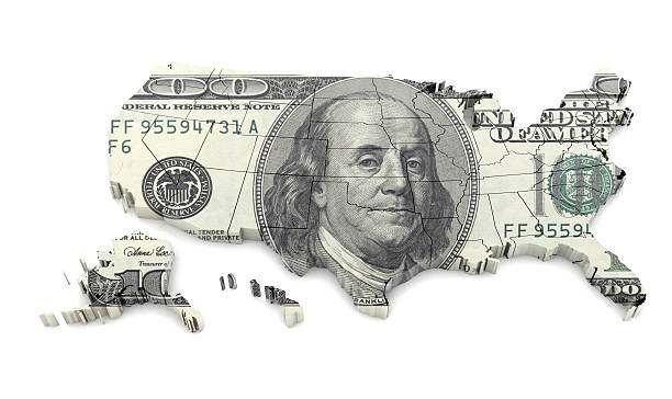 Dollar on USA Map Dollar on USA MapMap:http://en.wikipedia.org/wiki/File:Map_of_USA_with_state_names.svg alaska us state photos stock pictures, royalty-free photos & images