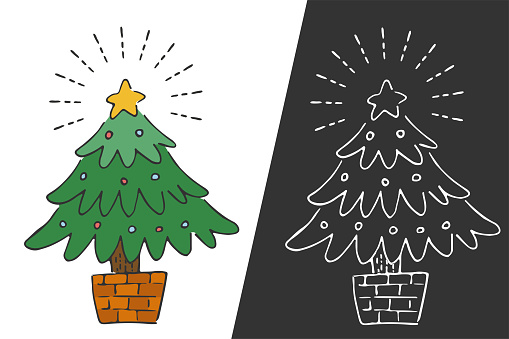 A simple, cute, hand-painted Christmas tree. Set of color and line drawings.