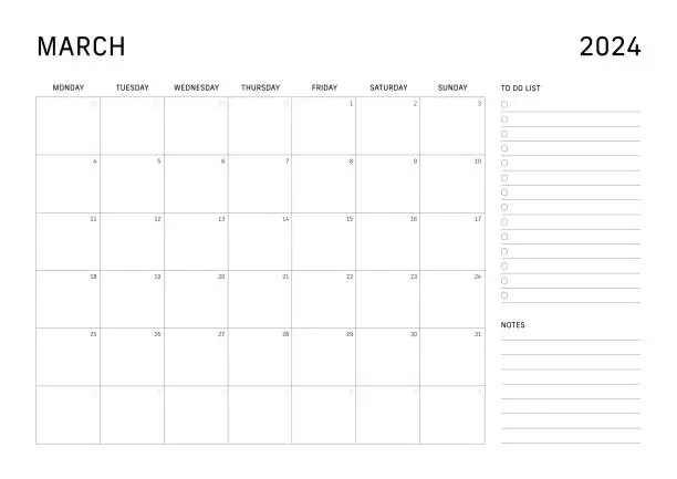 Vector illustration of Monday start monthly calendar for March 2024 with to do list and notes