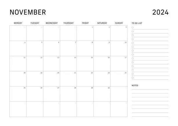 Vector illustration of Monday start monthly calendar for November 2024 with to do list and notes