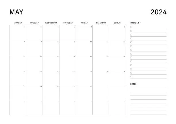 Vector illustration of Monday start monthly calendar for May 2024 with to do list and notes