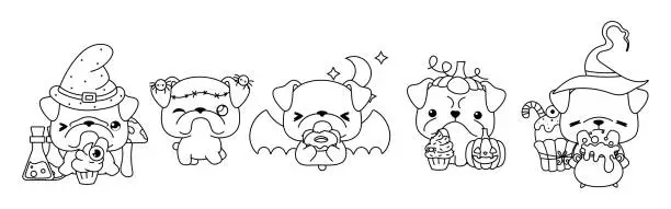 Vector illustration of Set of Kawaii Halloween Bulldog Dog Coloring Page. Collection of Cute Vector Halloween Puppy Outline