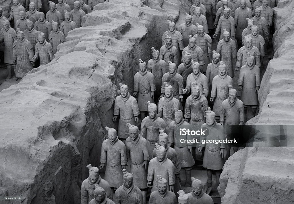 O exército de terracota em preto e branco - Foto de stock de Antigo royalty-free