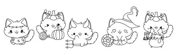 Vector illustration of Set of Kawaii Halloween Ragdoll Cat Coloring Page. Collection of Cute Vector Halloween Cat Outline