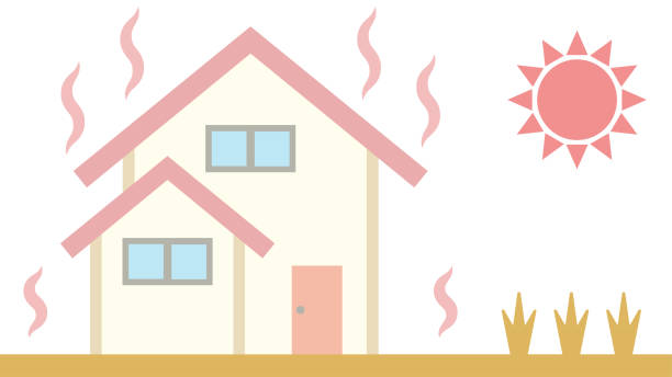 ilustraciones, imágenes clip art, dibujos animados e iconos de stock de ilustración de una casa de dos pisos con un techo triangular calentado por calor solar - white background image australia sunlight