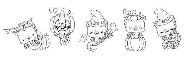 Vector illustration of Set of Kawaii Halloween Seahorse Coloring Page. Collection of Cute Vector Halloween Marine Animal Outline