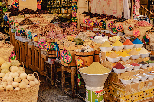 Colorful food and spices bazaar shop in Aswan