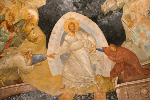 Fresco on the ceiling of the Chora Church in Istanbul, Turkey. Called the Anastasis, or the Resurrection, it depicts Christ who has broken down the gates of hell and is pulling Adam and Eve out of their tombs.