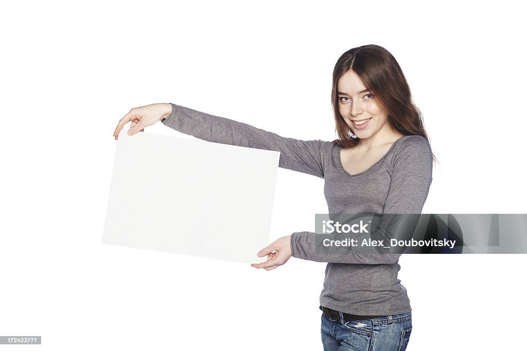 Hermosa Chica con solución en blanco blanco banner. - Foto de stock de Agarrar libre de derechos