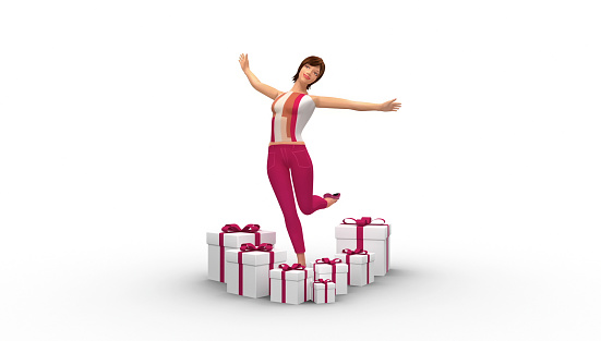 3D Happy Beautiful Woman Surrounded By Gifts. High quality render, banding free, minimum compression for highest quality.