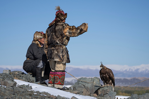 Bayan-Olgii Province, Mongolia - September 28, 2023: Ethnic Kazakh eagle hunters survey the surrounding landscape for prey from the top of a steppe, while an eagle perches on a rock.