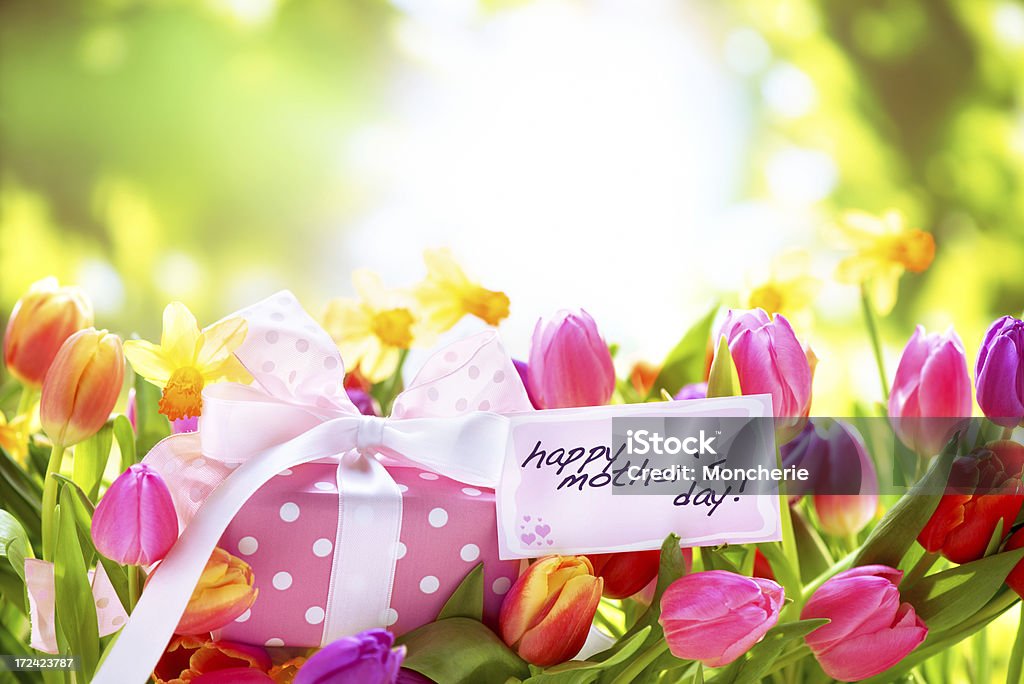 Coloridos tulipanes, daffodils con una caja de regalo y tarjeta de felicitación - Foto de stock de Belleza libre de derechos