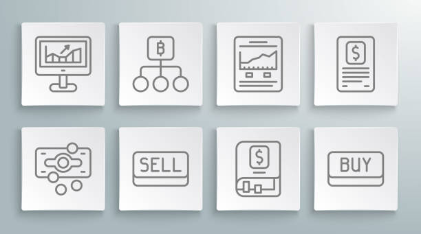 istock Set line Stacks paper money cash, Blockchain technology Bitcoin, Sell button, Financial book, Buy, Website with growth graph, Business finance report and Computer icon. Vector 1724239767