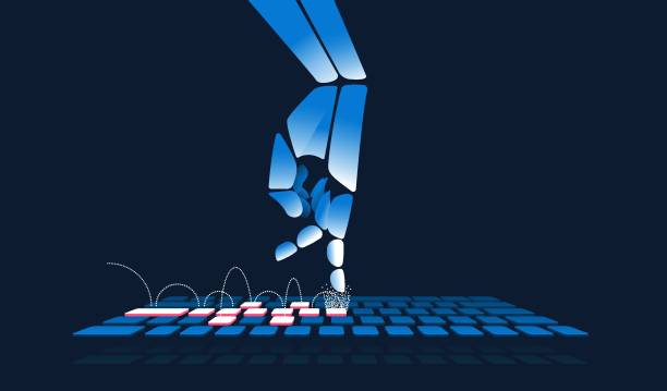 robotic hand playing hopscotch on a keyboard vector illustration - chat gpt stock illustrations