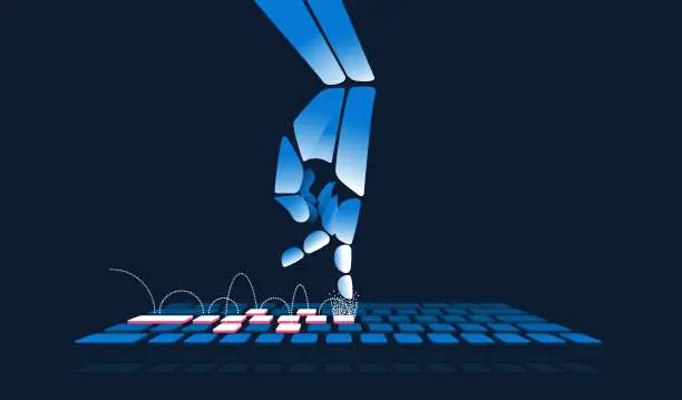Vector illustration of Robotic hand playing hopscotch on a keyboard vector illustration