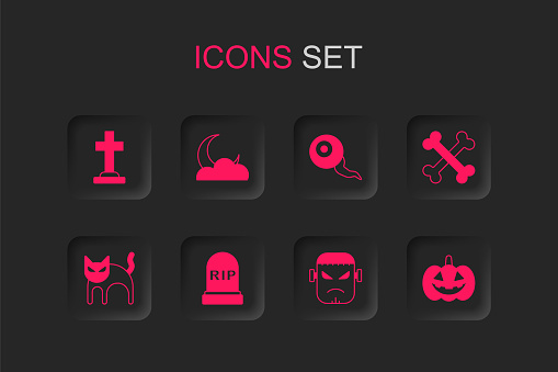 Set Tombstone with RIP written Moon and stars cross Frankenstein face Crossed bones Pumpkin Eye and Black cat icon. Vector.