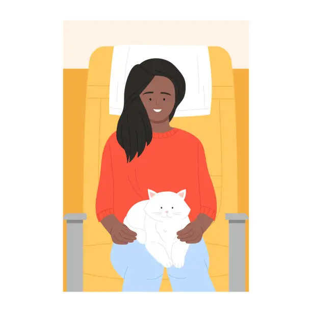 Vector illustration of Smiling girl travelling with white cat