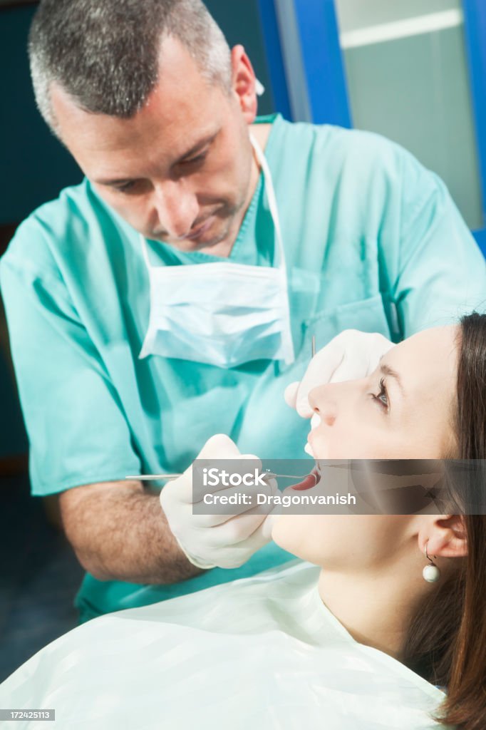 At the dentist Dentist examing on a patient Adult Stock Photo