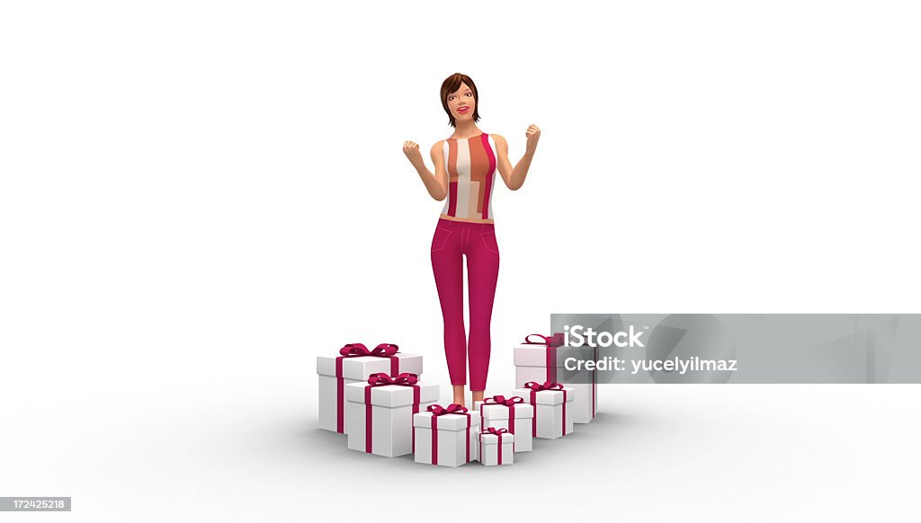 Felice bella femmina carattere circondato da regali - Foto stock royalty-free di Abbigliamento casual