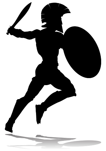 A Spartan or Trojan ancient Greek hoplite warrior silhouette. Could also be a Roman gladiator.