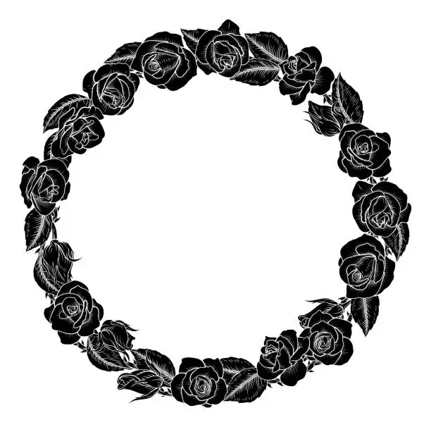 Vector illustration of Roses Woodcut Vintage Style Flower Circle Wreath