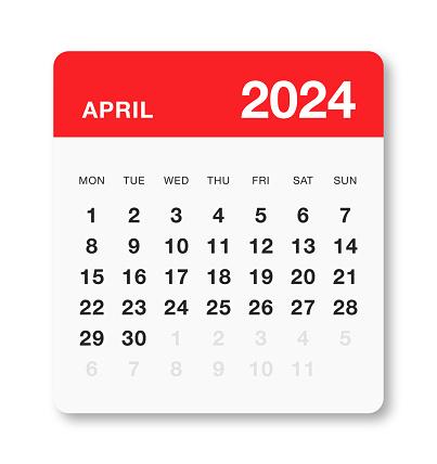 Monthly 2024 April Calendar Monday Start on White Background
