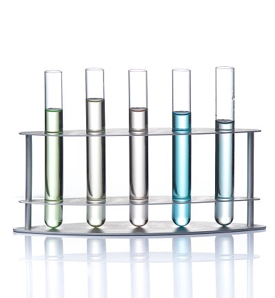 Test tubes with color liquid in a acrylic stand. science and medical concept.