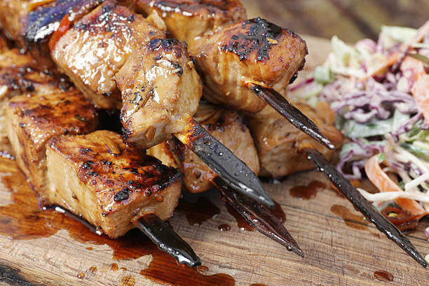 Barbecued Tuna cubes on a skewer