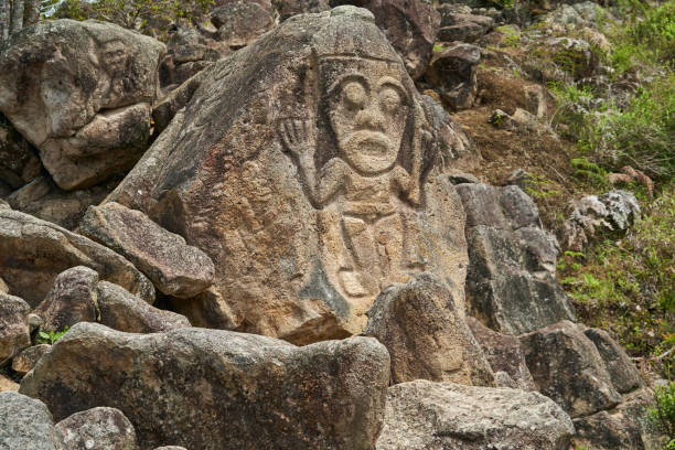 San Agustin, Colombia - 04 06 2019: Chaquira close to San Agustin is popular travel destination in Colombia and known for its archaeological park with pre columbian megalithic stone sculptures.