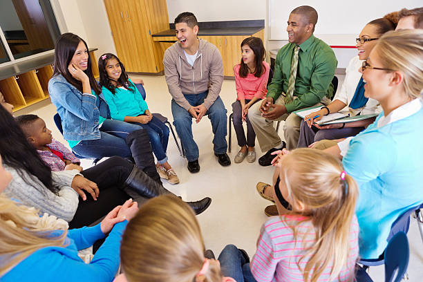 Conference or meeting with elementary school teachers students and parents Conference or meeting with elementary school teachers students and parents parenting stock pictures, royalty-free photos & images