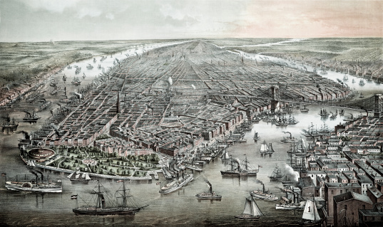 This vintage illustration features an aerial view of New York in the 1800s.