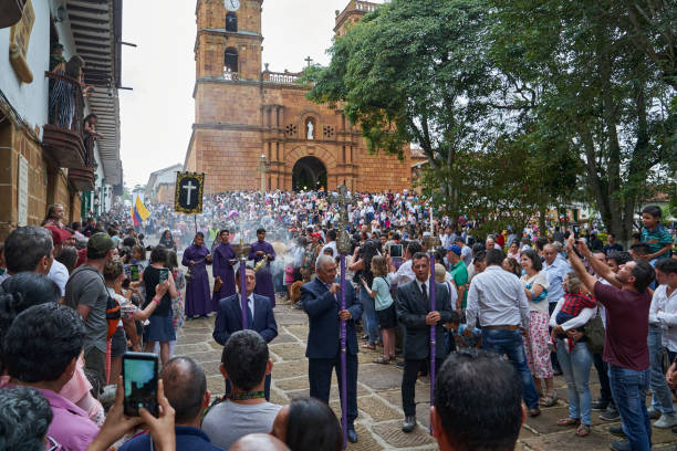 Barichara, Colombia - 04 18 2019: easter week, semana santa, in the beautiful town of Barichara, a popular travel destination in the andes mountains of Colombia.