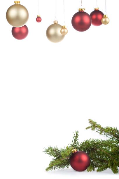 istock colorful christmas ornaments hanging isolated on white with text space 172429098