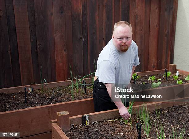 Handicapped Man Vegetable Gardening Stock Photo - Download Image Now - Down Syndrome, Springtime, Men