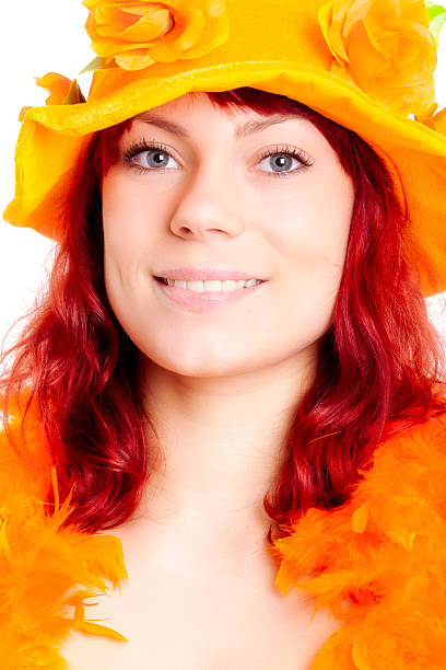 pomarańczowy fan z kapelusz - model98 zdjęcia i obrazy z banku zdjęć