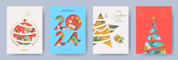Vector illustration of Xmas modern design set in paper cut style with Christmas tree, ball, star golden blue and white gifts, pine branches, lights and number 2024. Christmas cards, posters, holiday covers or banners