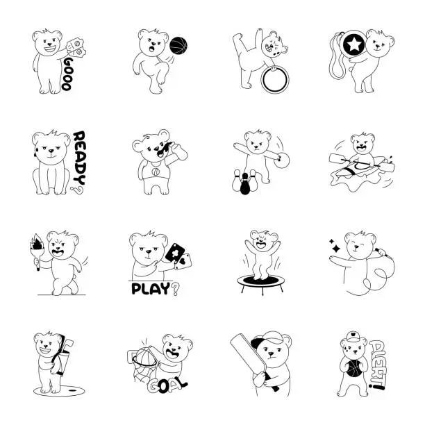 Vector illustration of Cute Playing Bear Glyph Stickers Set