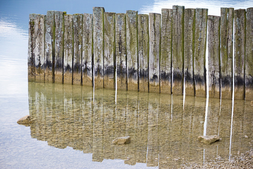 old wooden planks are reflected in the lake water