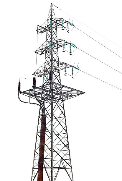 torre de conducción eléctrica aislado en blanco - torre de conducción eléctrica fotografías e imágenes de stock