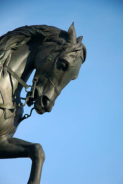 Bronze Sculpture of Horse Blue Sky "Powerful horse chomps at the bit on the George Washington monument in Union Square, NYC" charismatic racehorse stock pictures, royalty-free photos & images