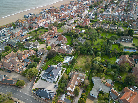 Drone high altitude view of the popular tourist resort of Aldeburgh, Suffolk.  The beach and north sea can be seen in the distance.