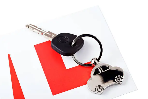 Learner Driver, with Car key, key fob and a pair of L Plates for attaching to the car. Isolated on white. Good copy space..