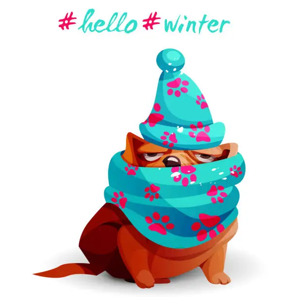 Vector illustration of Hello winter in cartoon style. Cute frozen bulldog wearing a hat and a wrapped scarf on a white background. Creative greeting card.